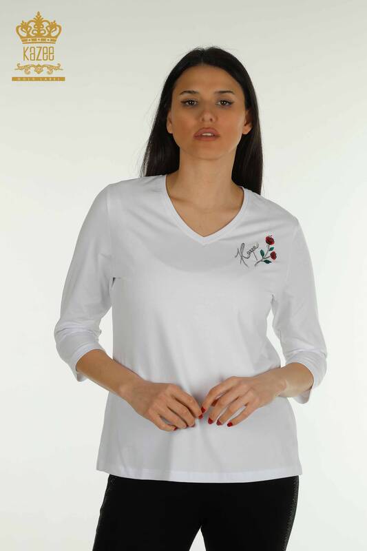 Bluză de damă cu ridicata - brodat trandafir - alb - 79867 | KAZEE