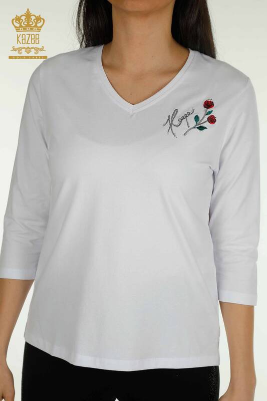 Bluză de damă cu ridicata - brodat trandafir - alb - 79867 | KAZEE