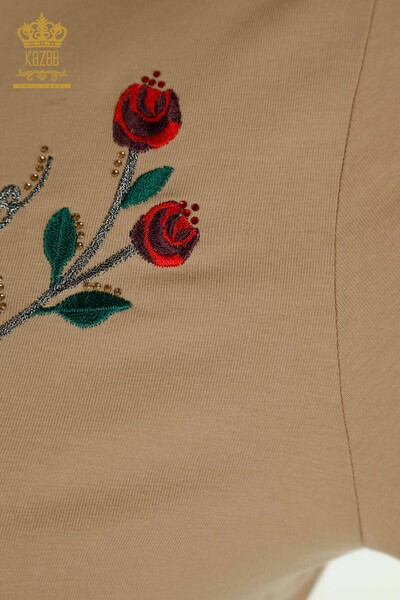 Bluză de damă cu ridicata - brodat trandafir - bej - 79867 | KAZEE - Thumbnail