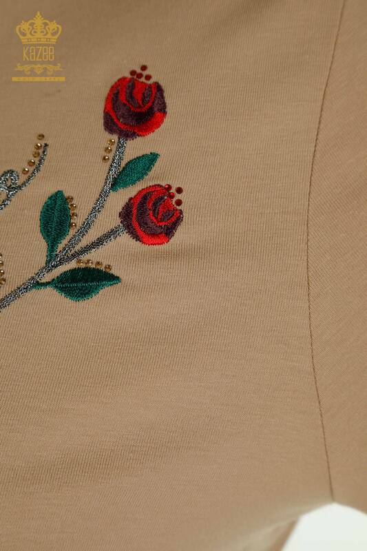 Bluză de damă cu ridicata - brodat trandafir - bej - 79867 | KAZEE