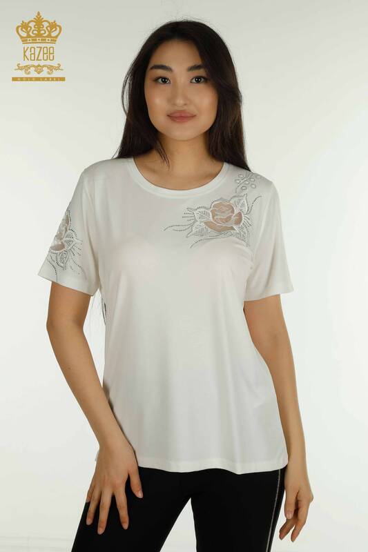 Bluză de damă cu ridicata - Brodat trandafir - Ecru - 79541 | KAZEE