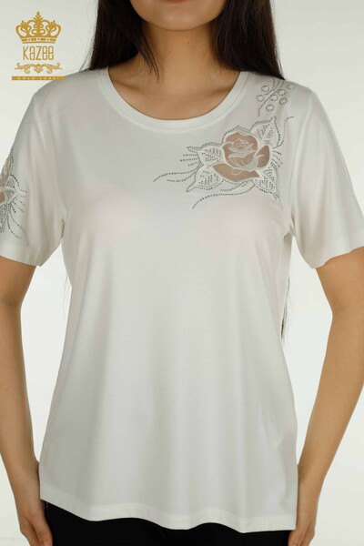 Kazee - Bluză de damă cu ridicata - Brodat trandafir - Ecru - 79541 | KAZEE (1)