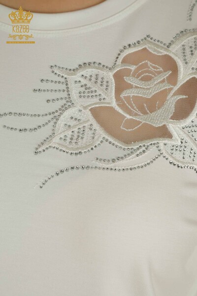 Bluză de damă cu ridicata - Brodat trandafir - Ecru - 79541 | KAZEE - Thumbnail (2)