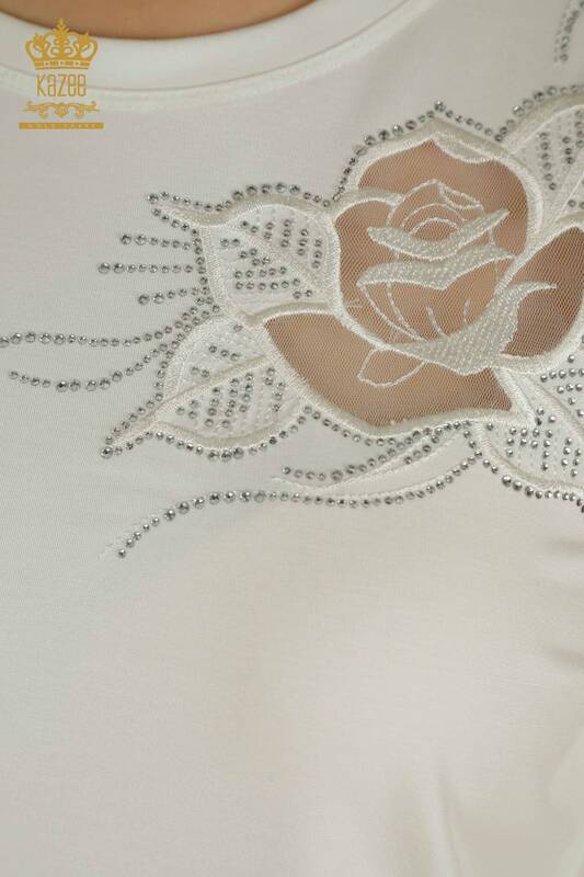 Bluză de damă cu ridicata - Brodat trandafir - Ecru - 79541 | KAZEE