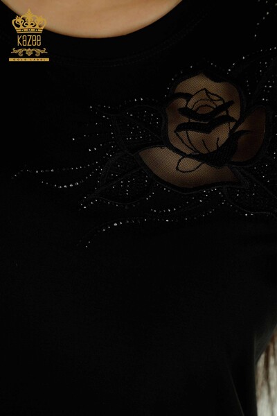 Bluză de damă cu ridicata - Trandafir brodat - negru - 79541 | KAZEE - Thumbnail