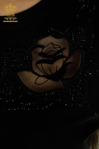 Bluză de damă cu ridicata - Trandafir brodat - negru - 79541 | KAZEE - Thumbnail