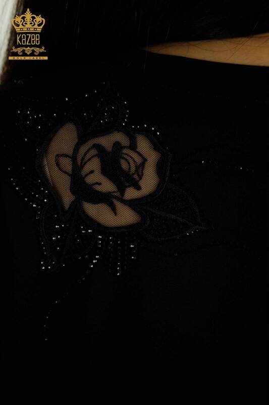 Bluză de damă cu ridicata - Trandafir brodat - negru - 79541 | KAZEE