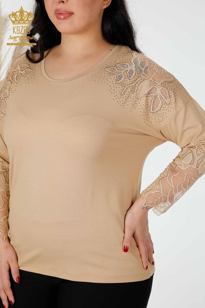 Bluză de damă cu ridicata cu detaliu din tul Bej - 77973 | KAZEE - Thumbnail