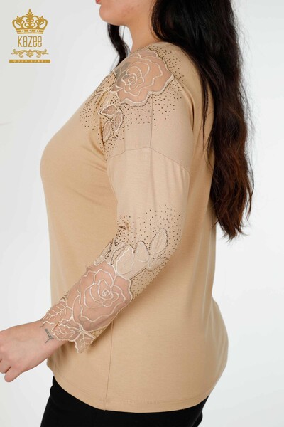 Bluză de damă cu ridicata cu detaliu din tul Bej - 77973 | KAZEE - Thumbnail