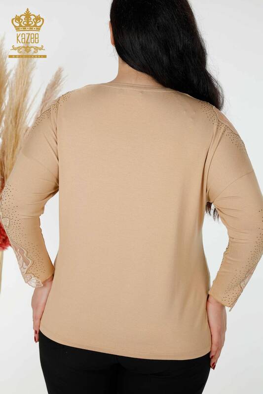 Bluză de damă cu ridicata cu detaliu din tul Bej - 77973 | KAZEE