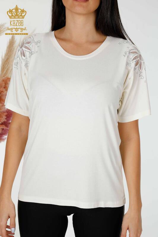 Bluză de damă cu ridicata din tul cu detalii Ecru - 78810 | KAZEE