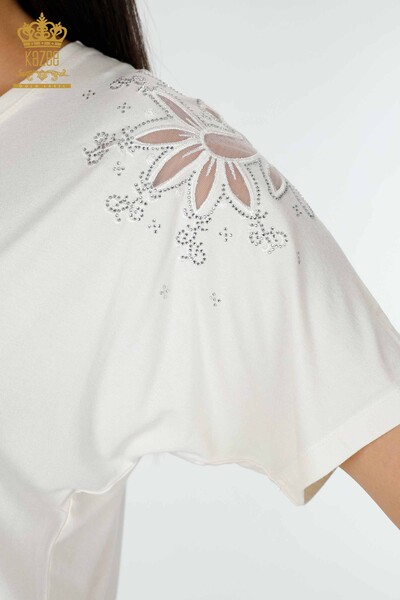 Bluză de damă cu ridicata din tul cu detalii Ecru - 78810 | KAZEE - Thumbnail