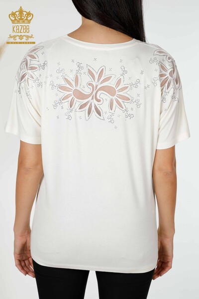 Bluză de damă cu ridicata din tul cu detalii Ecru - 78810 | KAZEE - Thumbnail
