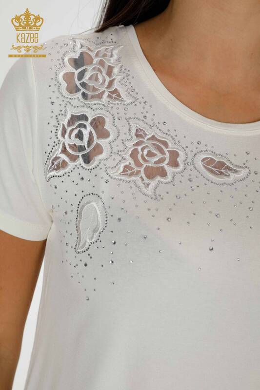 Bluză de damă cu ridicata din tul cu detalii Ecru - 78927 | KAZEE