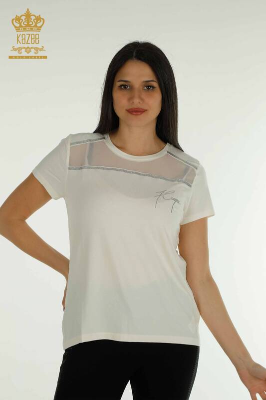 Bluză de damă cu ridicata din tul cu detalii Ecru - 78996 | KAZEE
