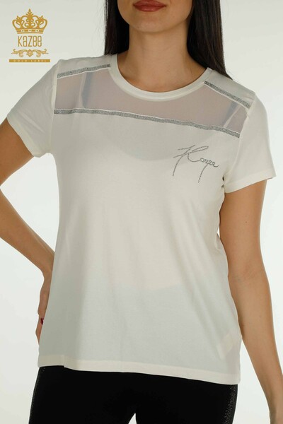 Bluză de damă cu ridicata din tul cu detalii Ecru - 78996 | KAZEE - Thumbnail