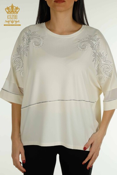 Bluză de damă cu ridicata din tul cu detalii Ecru - 79051 | KAZEE - Thumbnail