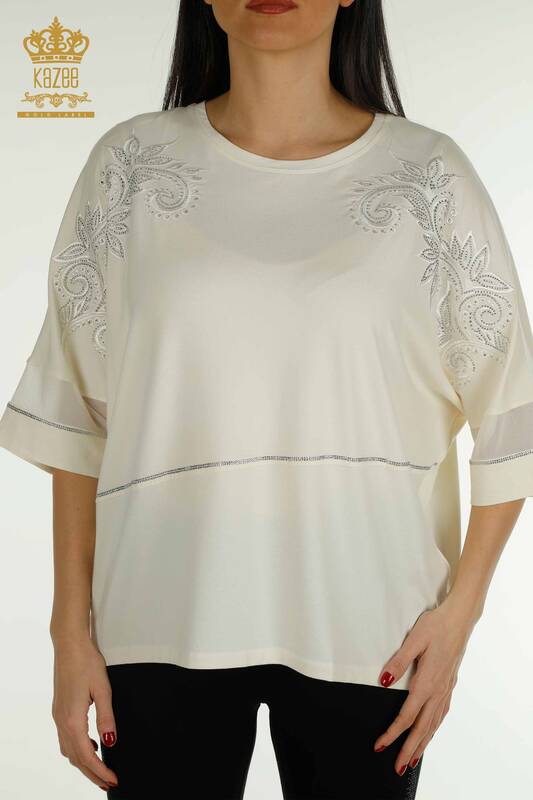 Bluză de damă cu ridicata din tul cu detalii Ecru - 79051 | KAZEE