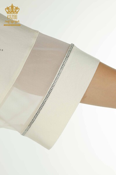 Bluză de damă cu ridicata din tul cu detalii Ecru - 79051 | KAZEE - Thumbnail