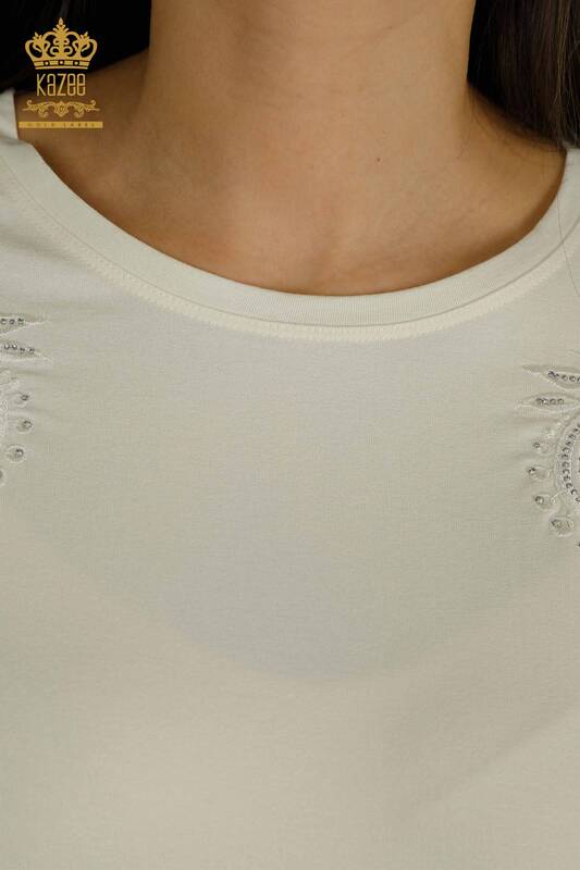 Bluză de damă cu ridicata din tul cu detalii Ecru - 79051 | KAZEE