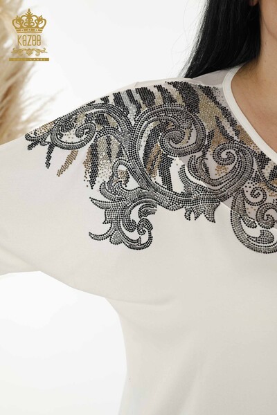 Bluză de damă cu ridicata din tul cu detalii Ecru - 79085 | KAZEE - Thumbnail