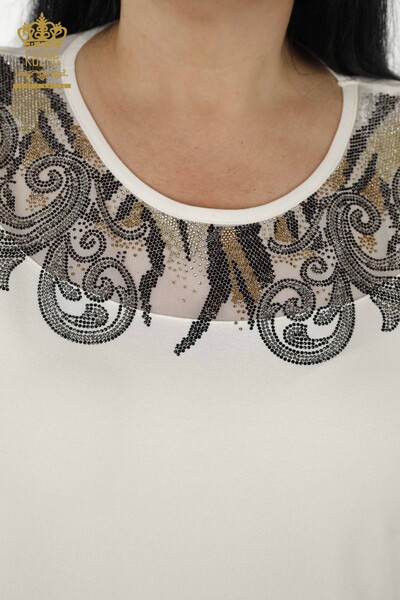 Bluză de damă cu ridicata din tul cu detalii Ecru - 79085 | KAZEE - Thumbnail