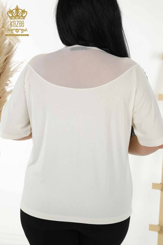 Bluză de damă cu ridicata din tul cu detalii Ecru - 79085 | KAZEE