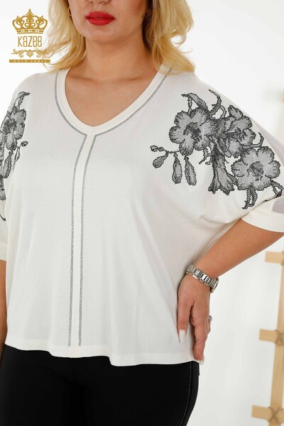 Bluză de damă cu ridicata din tul cu detalii Ecru - 79096 | KAZEE - Thumbnail