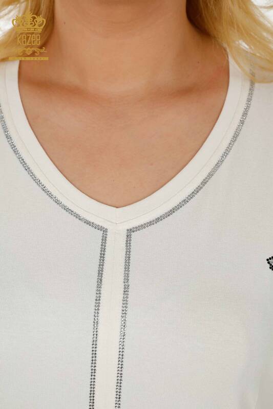Bluză de damă cu ridicata din tul cu detalii Ecru - 79096 | KAZEE