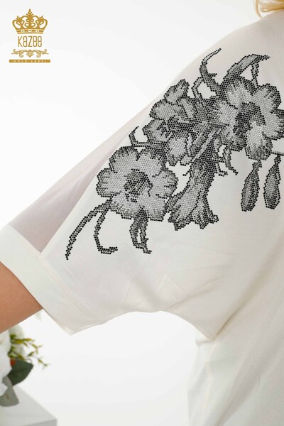 Bluză de damă cu ridicata din tul cu detalii Ecru - 79096 | KAZEE - Thumbnail