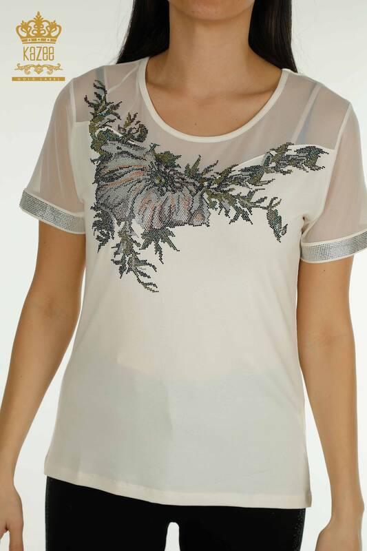 Bluză de damă cu ridicata din tul cu detalii Ecru - 79106 | KAZEE