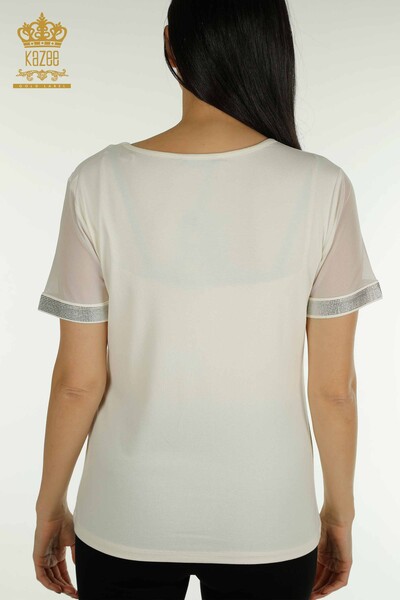 Bluză de damă cu ridicata din tul cu detalii Ecru - 79106 | KAZEE - Thumbnail