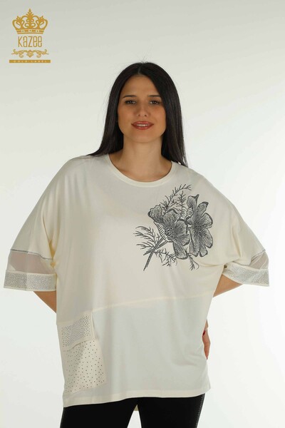 Bluză de damă cu ridicata din tul cu detalii Ecru - 79298 | KAZEE - Thumbnail