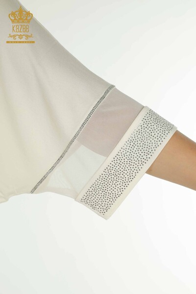 Bluză de damă cu ridicata din tul cu detalii Ecru - 79298 | KAZEE - Thumbnail