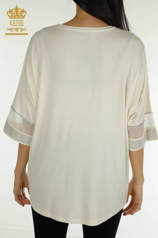 Bluză de damă cu ridicata din tul cu detalii Ecru - 79298 | KAZEE