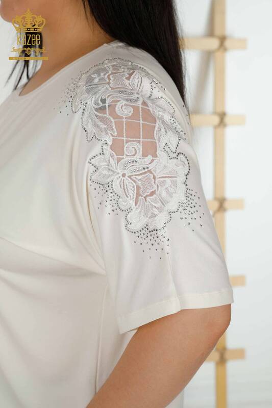 Bluză de damă cu ridicata din tul cu detalii Ecru - 79390 | KAZEE