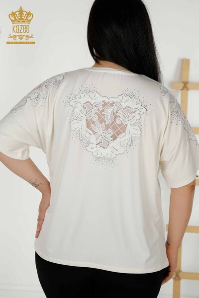 Bluză de damă cu ridicata din tul cu detalii Ecru - 79390 | KAZEE - Thumbnail