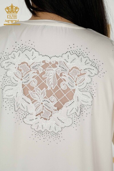 Bluză de damă cu ridicata din tul cu detalii Ecru - 79390 | KAZEE - Thumbnail