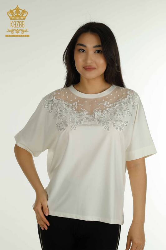 Bluză de damă cu ridicata - Tulle Detaliat - Ecru - 79500 | KAZEE