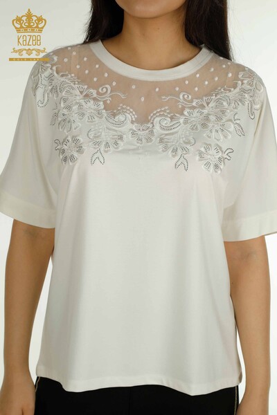 Bluză de damă cu ridicata - Tulle Detaliat - Ecru - 79500 | KAZEE - Thumbnail