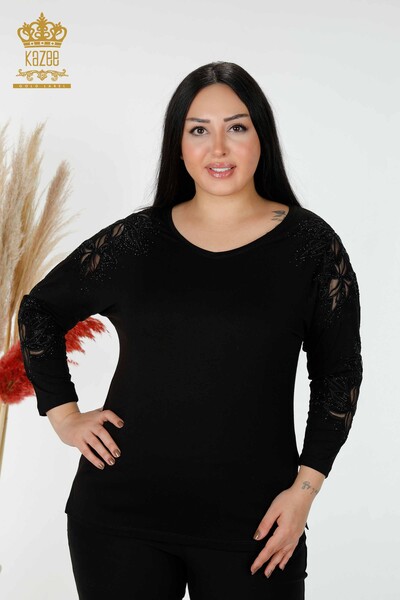 Bluză de damă cu ridicata cu detaliu din tul Negru - 77963 | KAZEE - Thumbnail