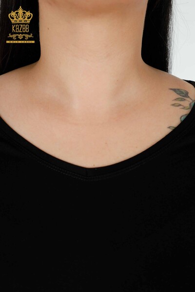 Bluză de damă cu ridicata cu detaliu din tul Negru - 77963 | KAZEE - Thumbnail