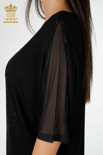 Bluză de damă cu ridicata cu detaliu din tul Negru - 77998 | KAZEE - Thumbnail