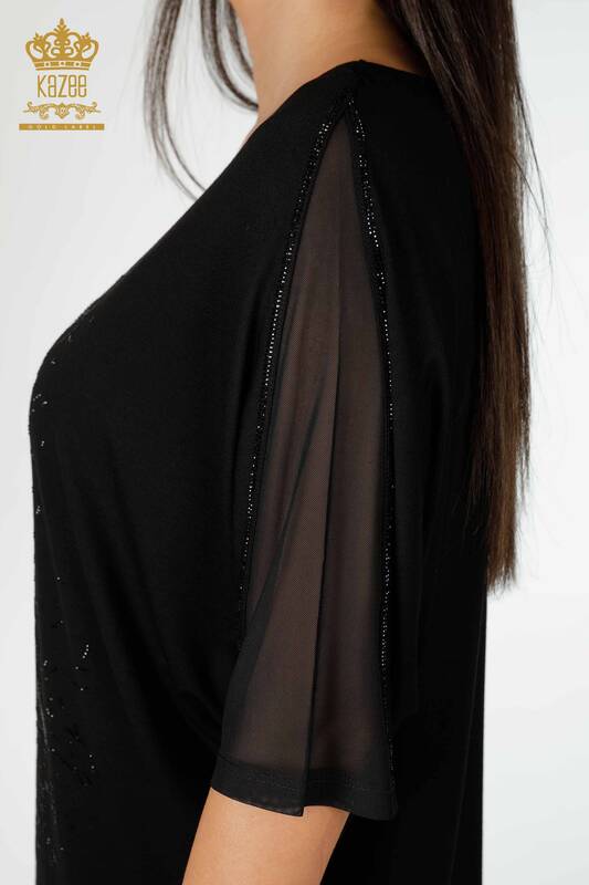 Bluză de damă cu ridicata cu detaliu din tul Negru - 77998 | KAZEE