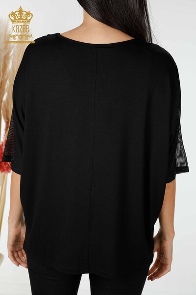 Bluză de damă cu ridicata cu detaliu din tul Negru - 77998 | KAZEE - Thumbnail