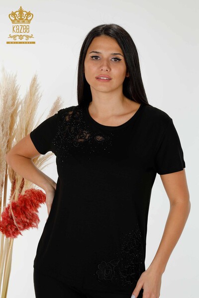 Bluză de damă cu ridicata cu detaliu din tul Negru - 78927 | KAZEE - Thumbnail