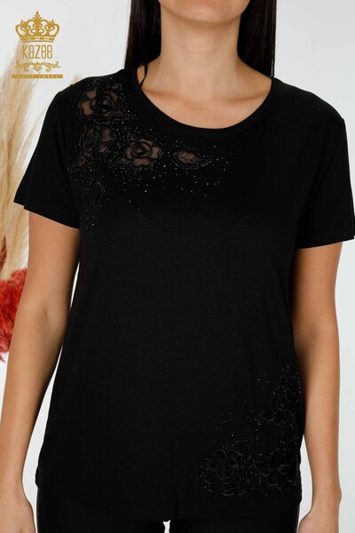 Bluză de damă cu ridicata cu detaliu din tul Negru - 78927 | KAZEE - Thumbnail