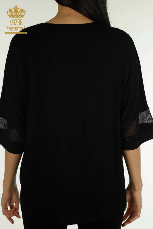 Bluză de damă cu ridicata cu detaliu din tul Negru - 79051 | KAZEE