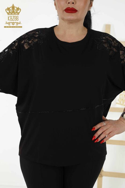 Bluză de damă cu ridicata cu detaliu din tul Negru - 79065 | KAZEE