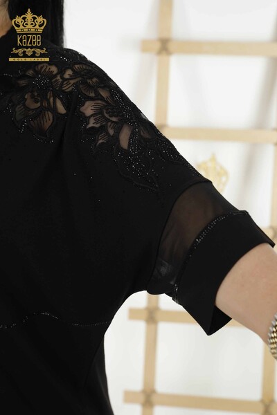 Bluză de damă cu ridicata cu detaliu din tul Negru - 79065 | KAZEE - Thumbnail